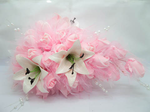 1X Ivory Lily Pink Rose Wedding Bridal Teardrop Bouquet w/Powder - Click Image to Close